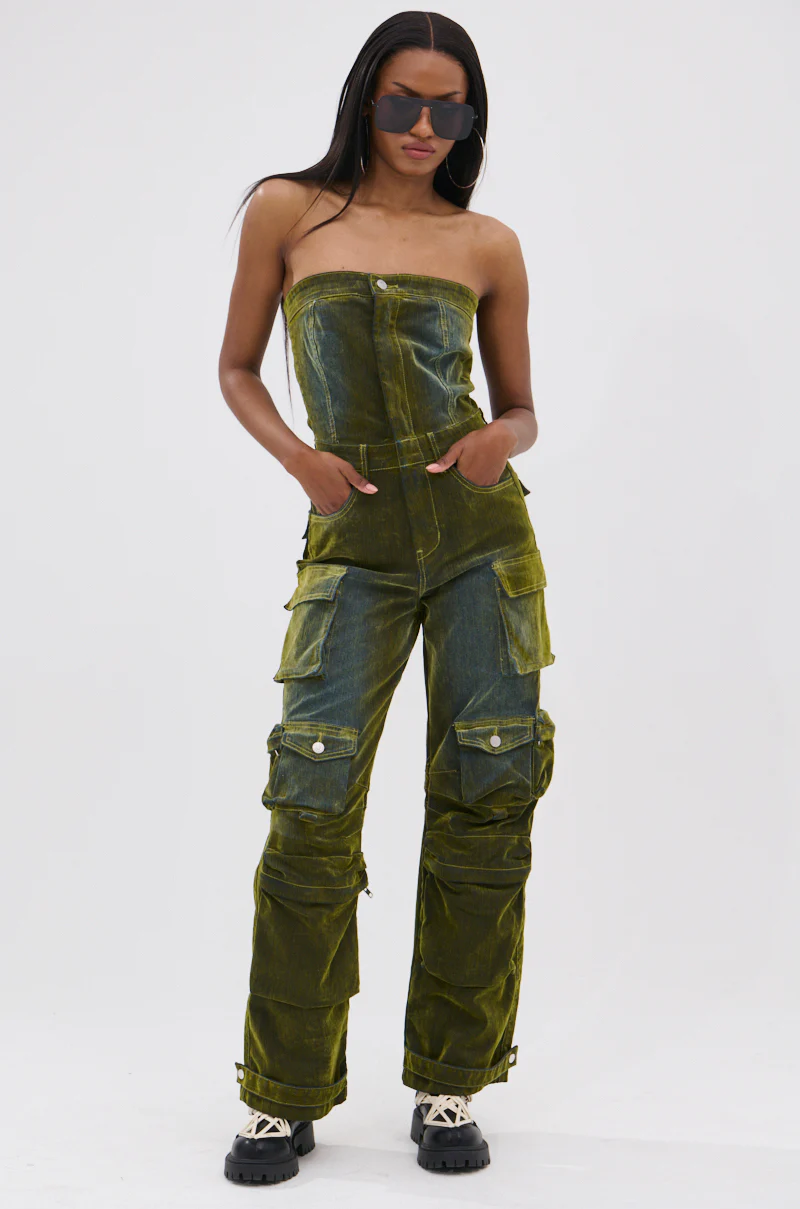 MIRA DISTRESSED VELVET DENIM JUMPSUIT