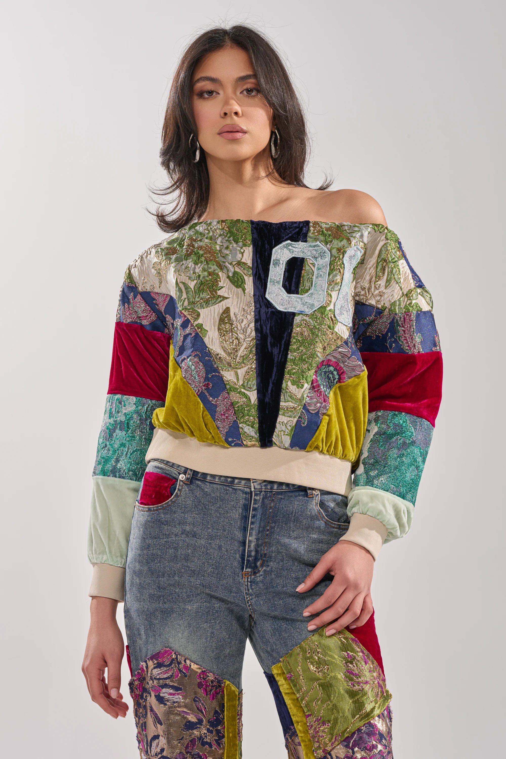 MIXED EMOTION BROCADE PATCHWORK SWEATSHIRT