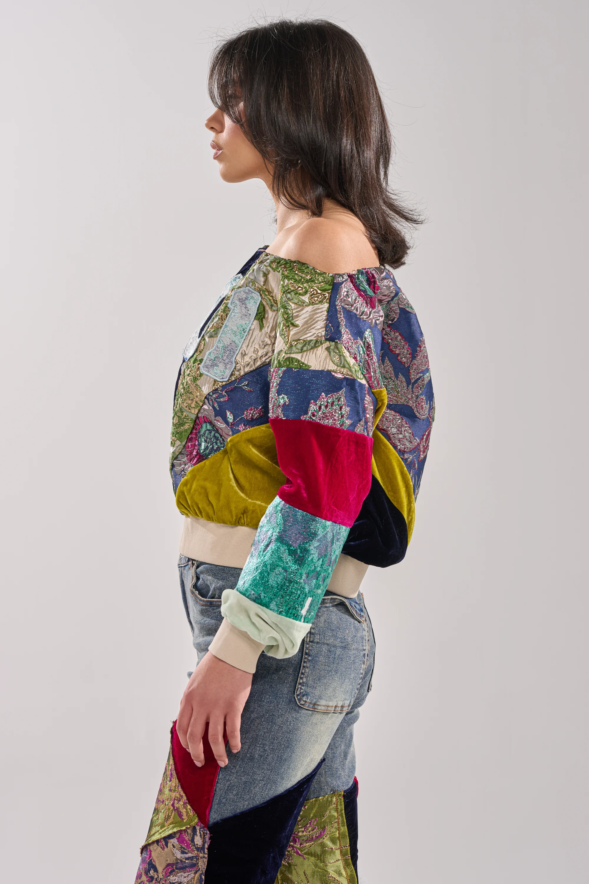 MIXED EMOTION BROCADE PATCHWORK SWEATSHIRT - Image 2