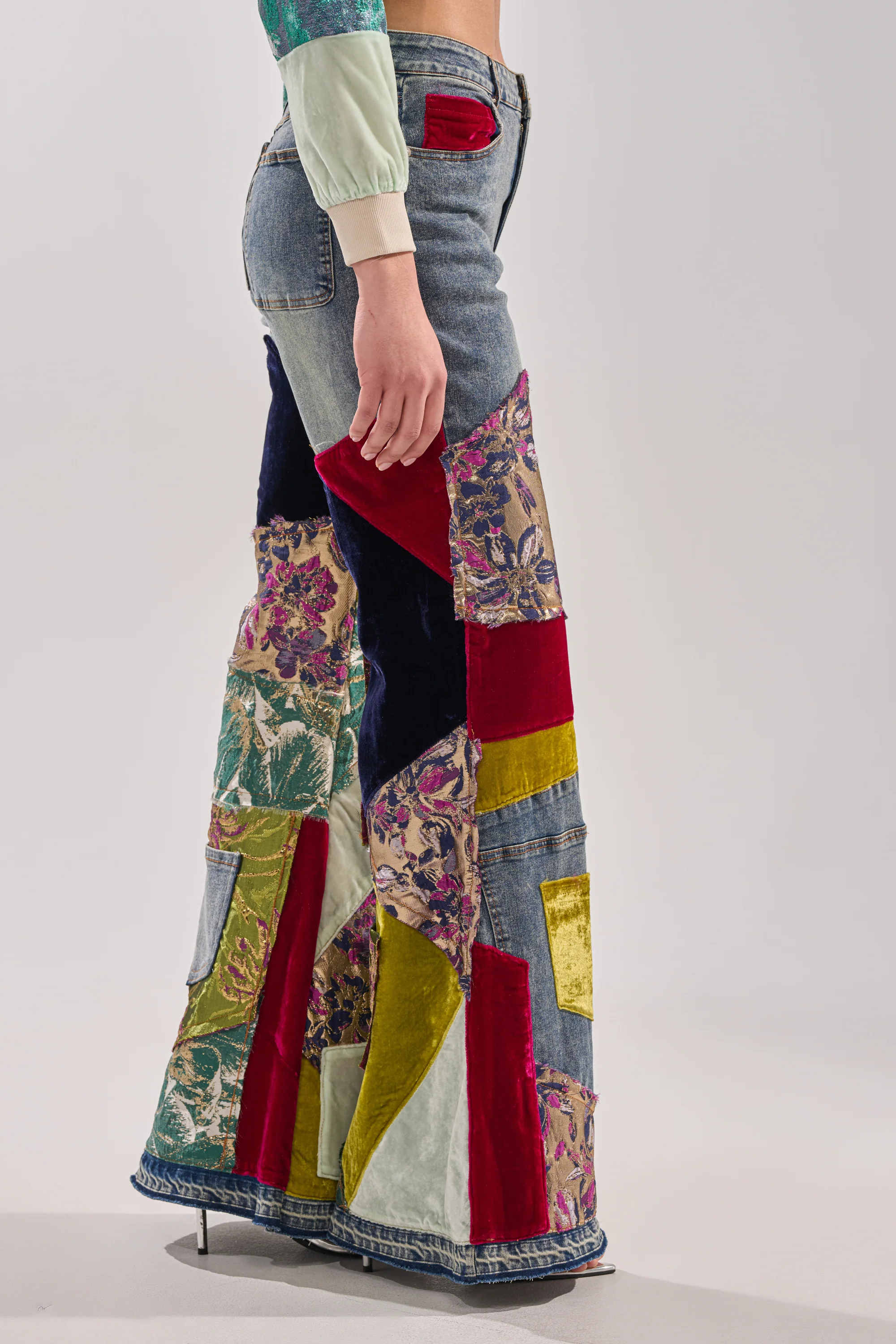 MIXED EMOTIONS BROCADE PATCHWORK FLARE DENIM - Image 5