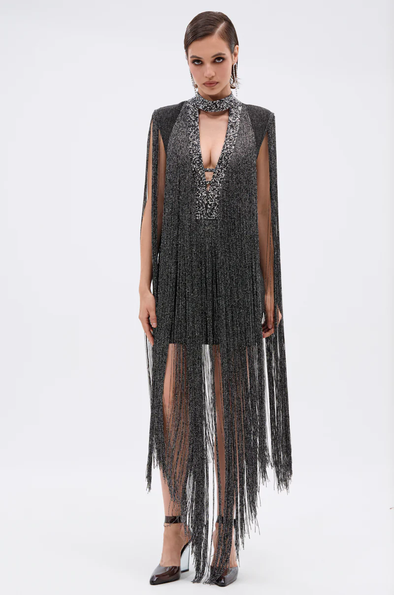 MIXED MESSAGES METALLIC BANDAGE MINI DRESS WITH FRINGE