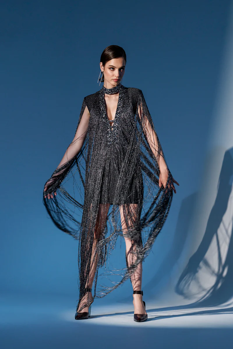 MIXED MESSAGES METALLIC BANDAGE MINI DRESS WITH FRINGE - Image 2