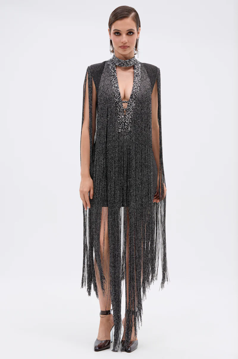 MIXED MESSAGES METALLIC BANDAGE MINI DRESS WITH FRINGE - Image 4
