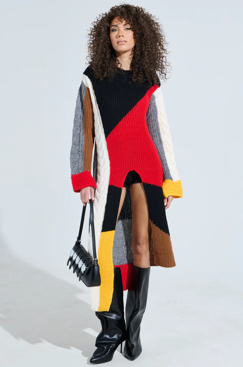MIXED PATTERN LONG SLEEVE SWEATER DRESS - Image 3