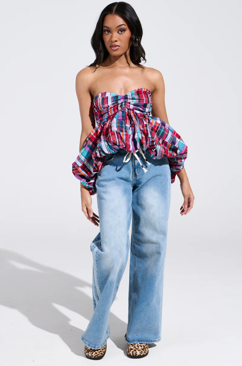 MIXED PLAID CROPPED BUBBLE BLOUSE - Image 5