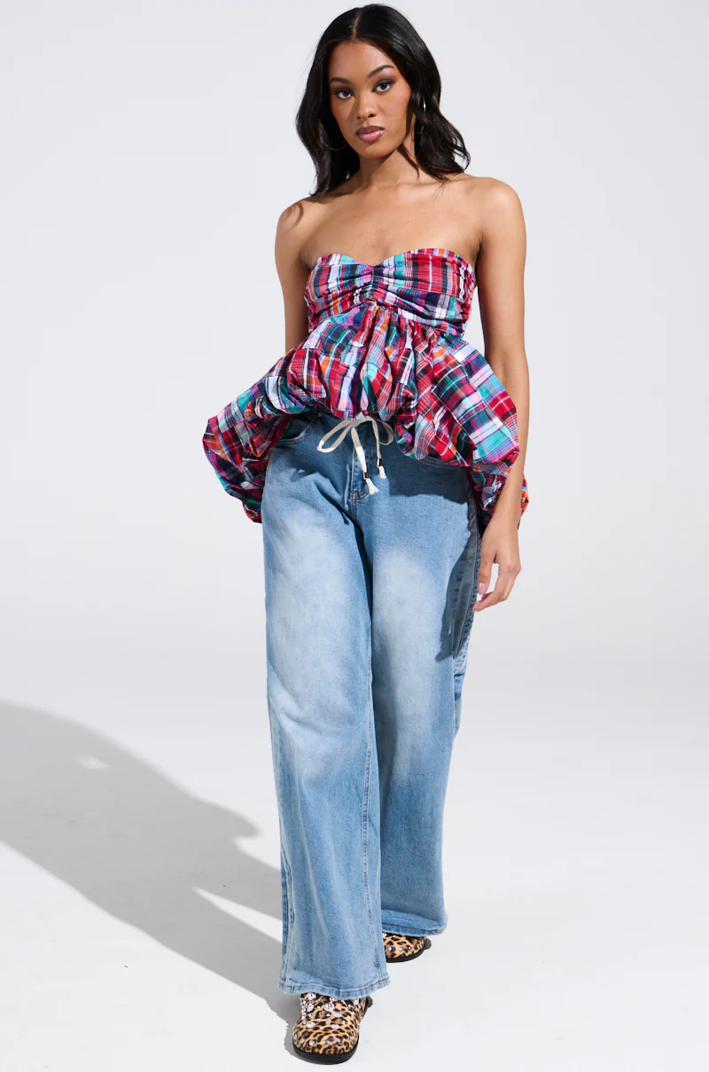 MIXED PLAID CROPPED BUBBLE BLOUSE - Image 6