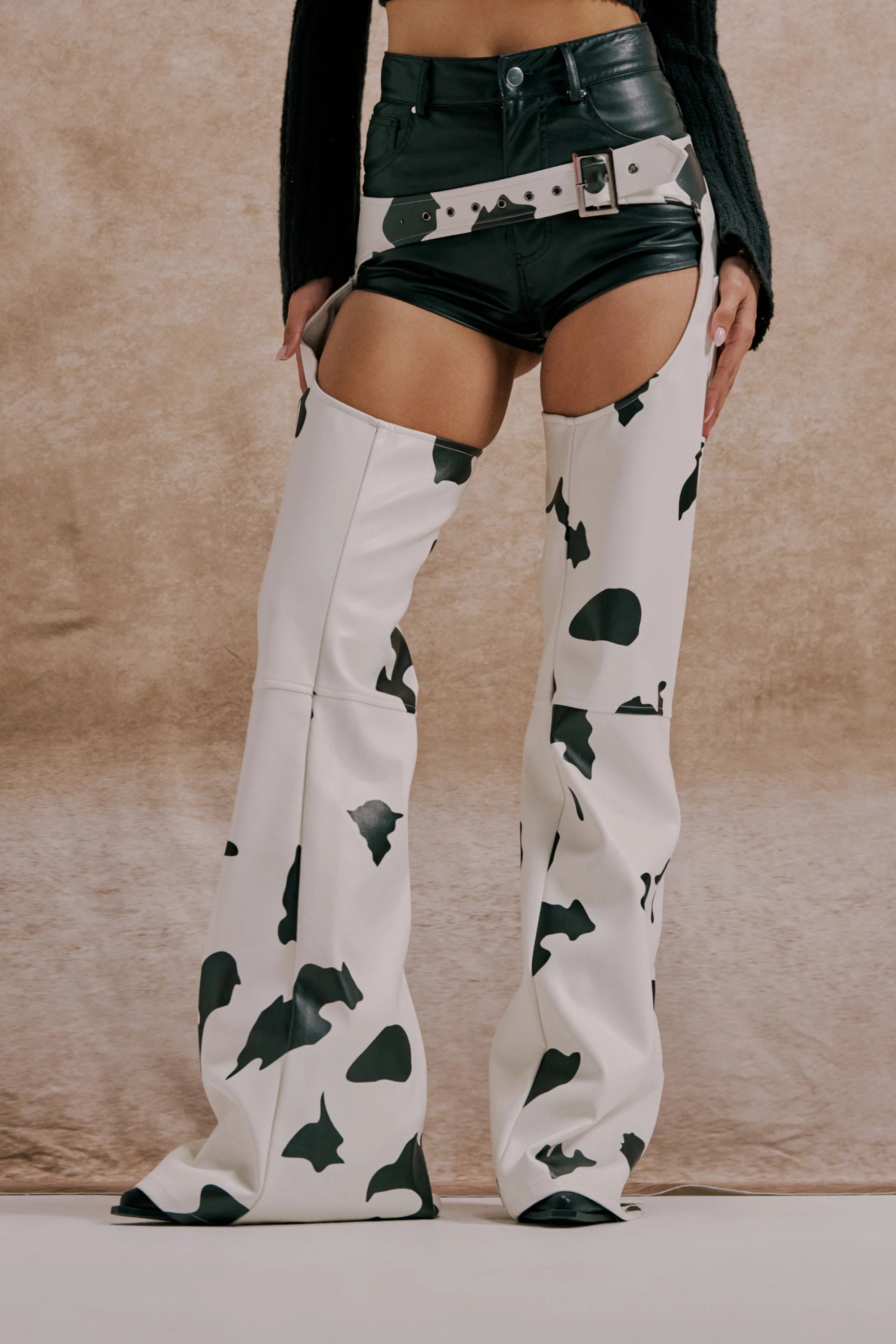 MOO OVER COW PRINT FAUX LEATHER CHAPS - Image 2