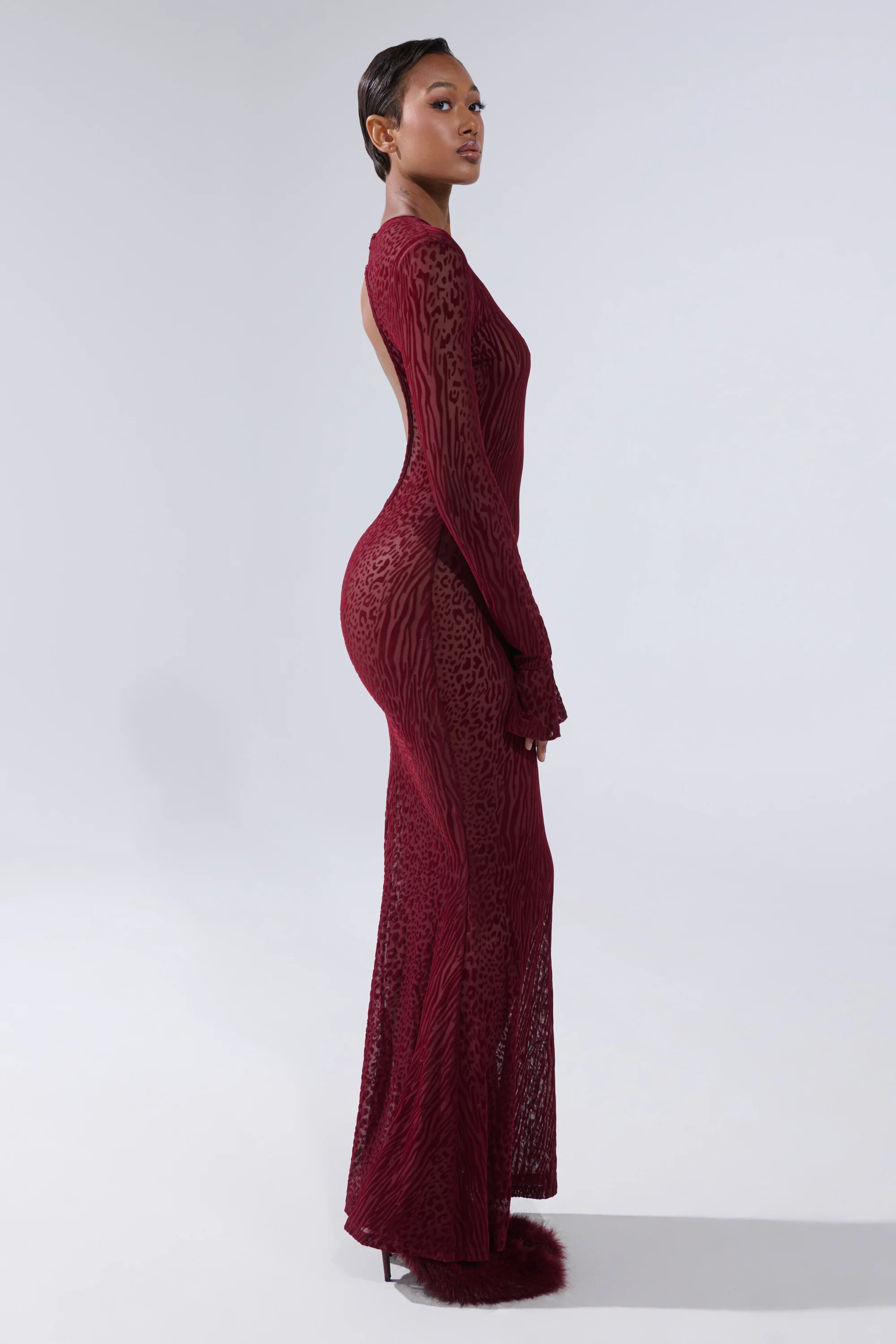 MY GOOD SIDE LEOPARD MESH MAXI DRESS IN BURGUNDY - Image 8