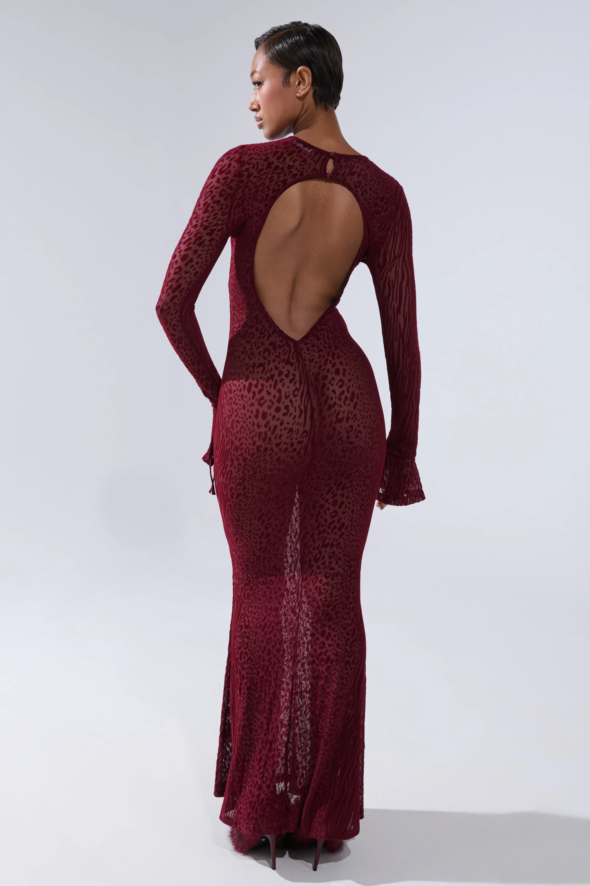MY GOOD SIDE LEOPARD MESH MAXI DRESS IN BURGUNDY - Image 9
