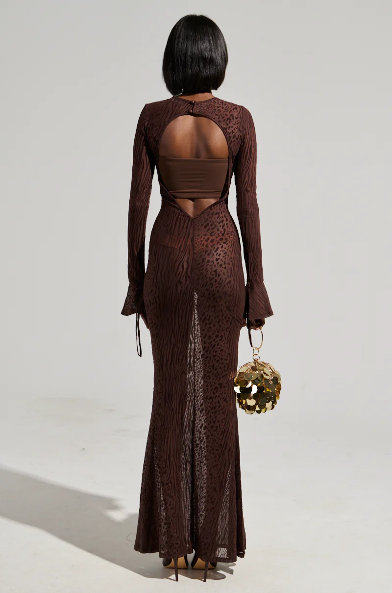 MY GOOD SIDE LEOPARD MESH MAXI DRESS IN BROWN - Image 3