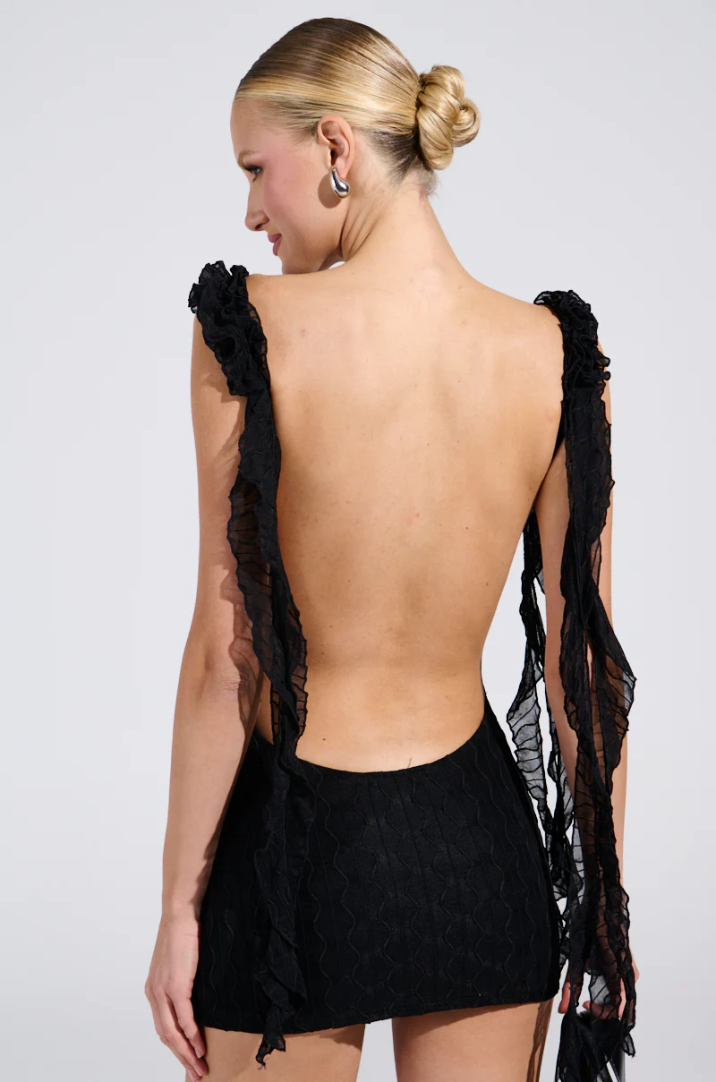 NEVER BASIC RUFFLED MESH MINI DRESS IN BLACK - Image 4