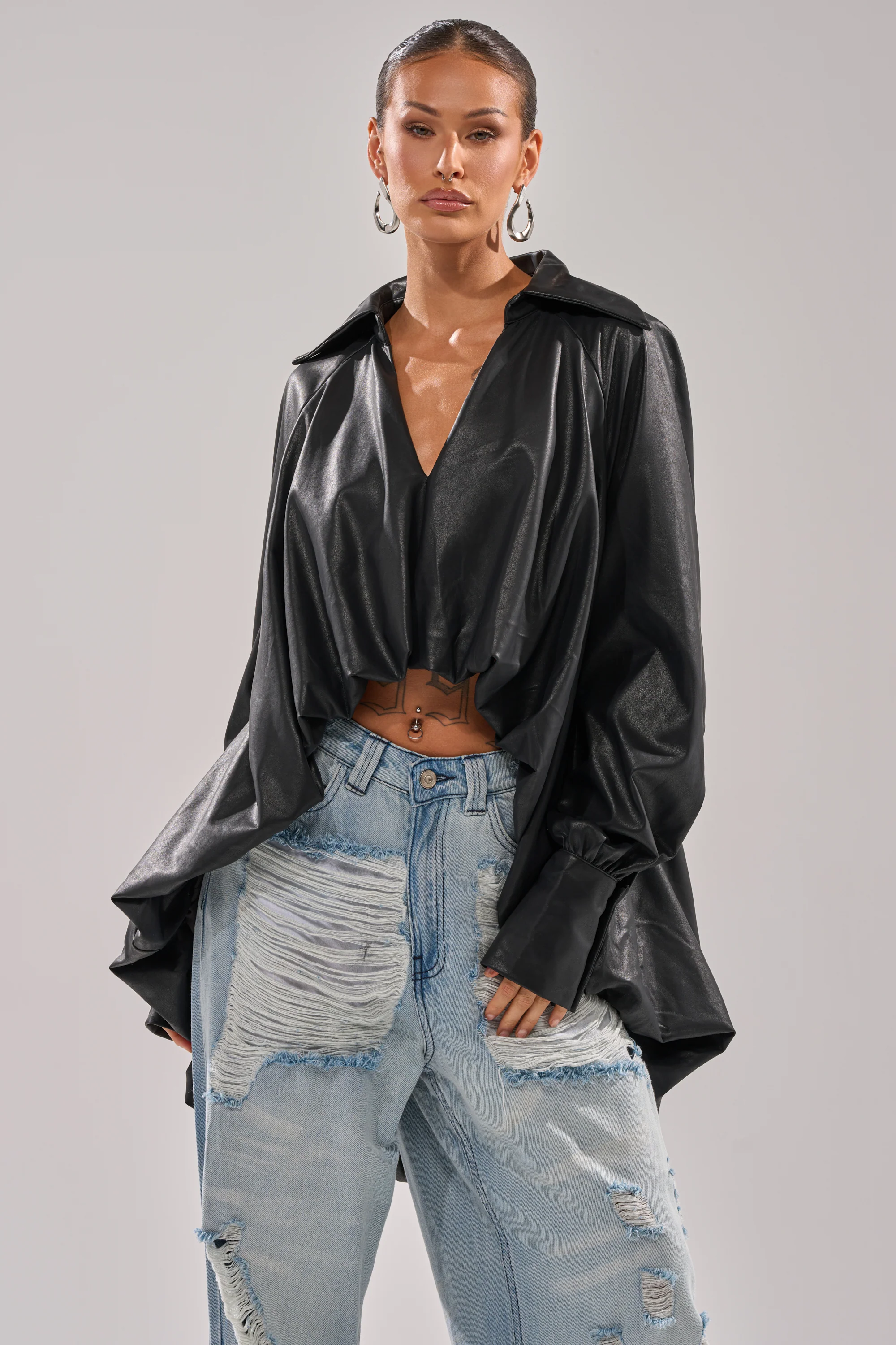 NEW ATTITUDE FAUX LEATHER HI-LOW BLOUSE - Image 2