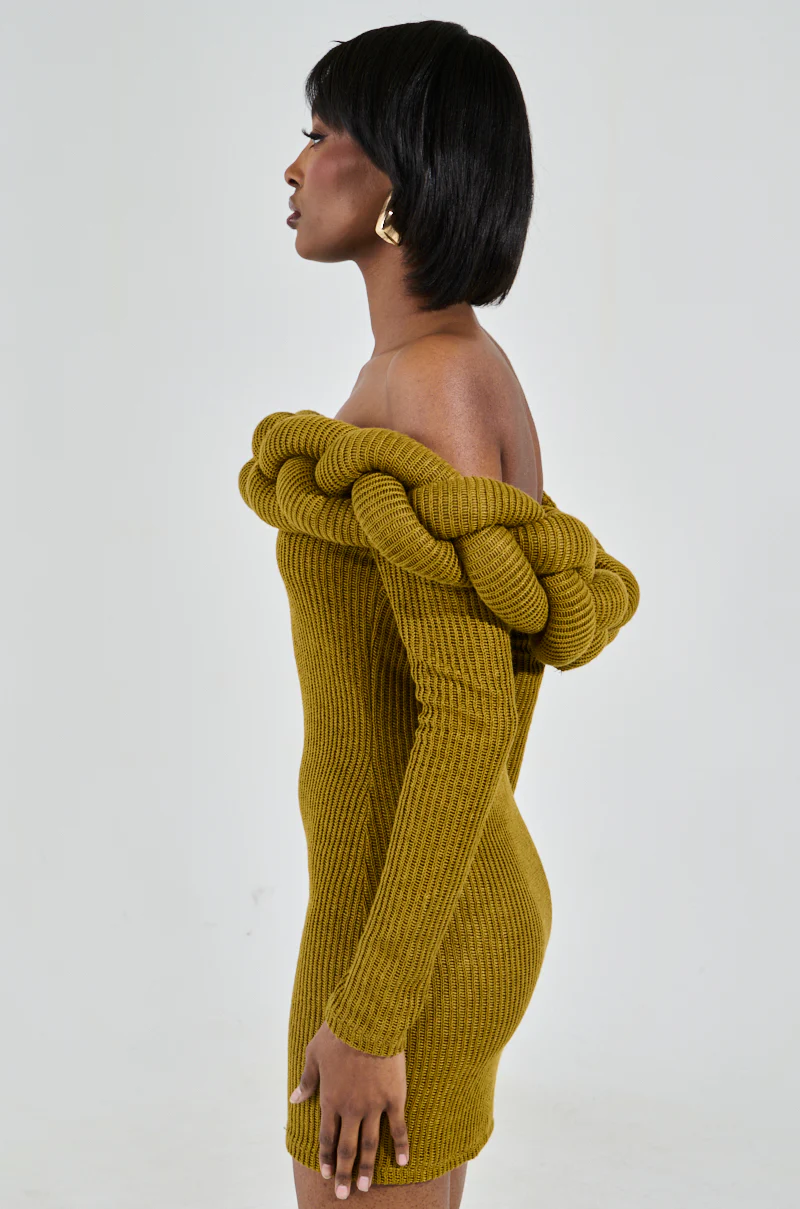 NOT IN THE MOOD KNIT BRAIDED MINI DRESS IN OLIVE - Image 3