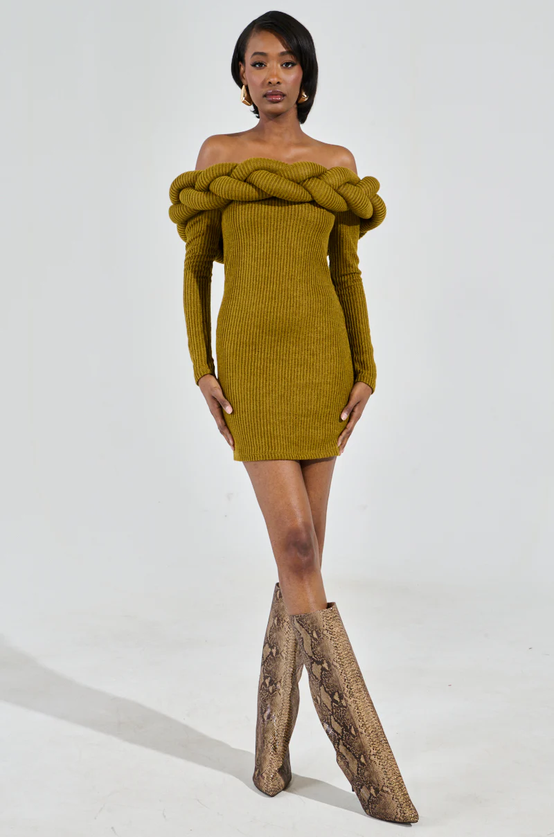 NOT IN THE MOOD KNIT BRAIDED MINI DRESS IN OLIVE - Image 5