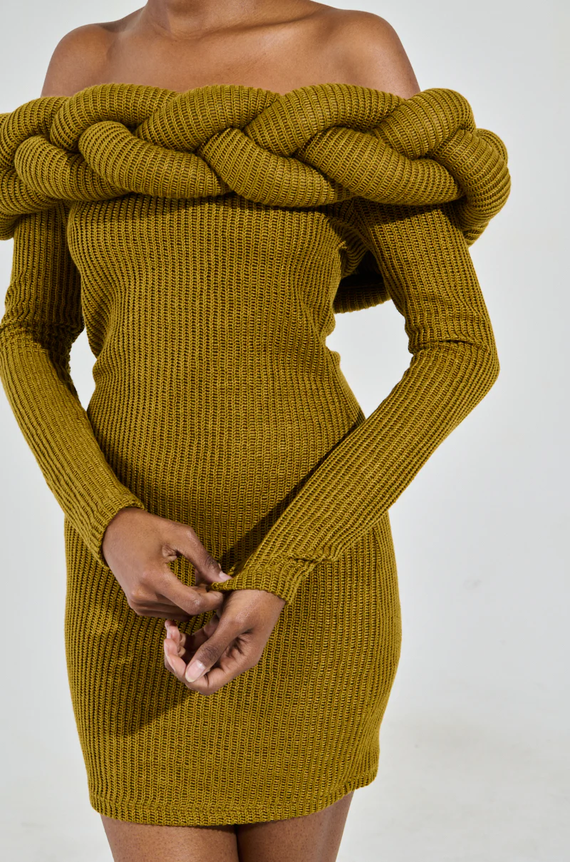NOT IN THE MOOD KNIT BRAIDED MINI DRESS IN OLIVE - Image 6