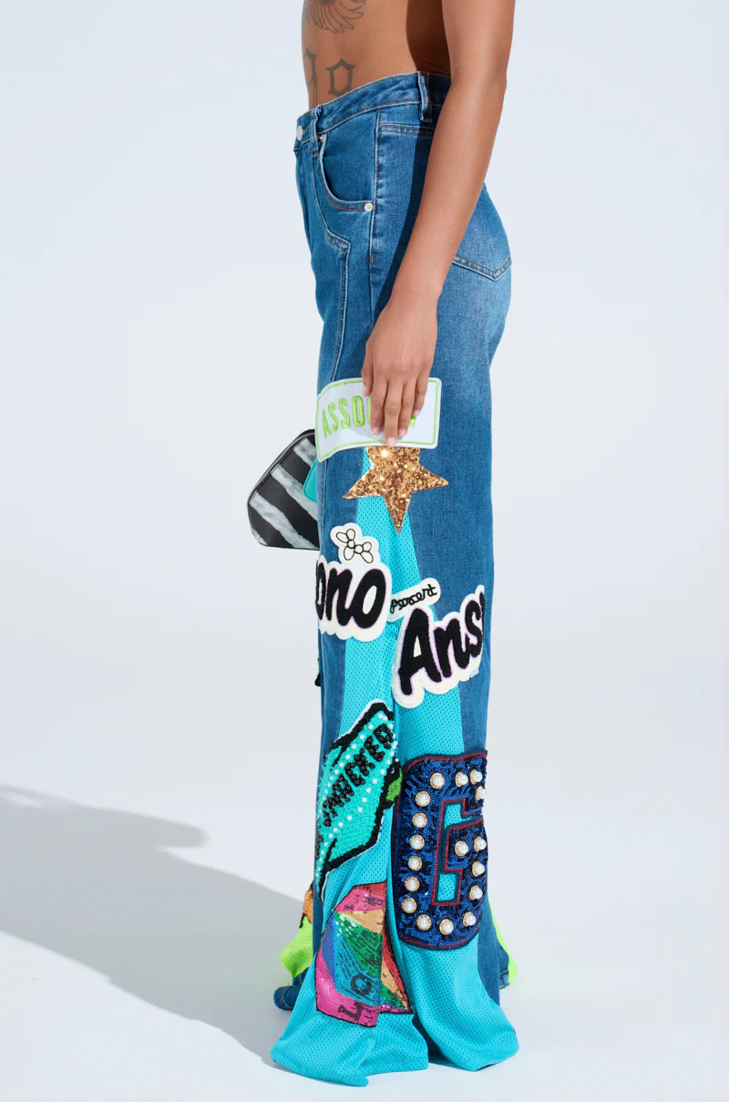 NOT SORRY PATCHWORK MEDIUM BLUE DENIM JEANS - Image 4