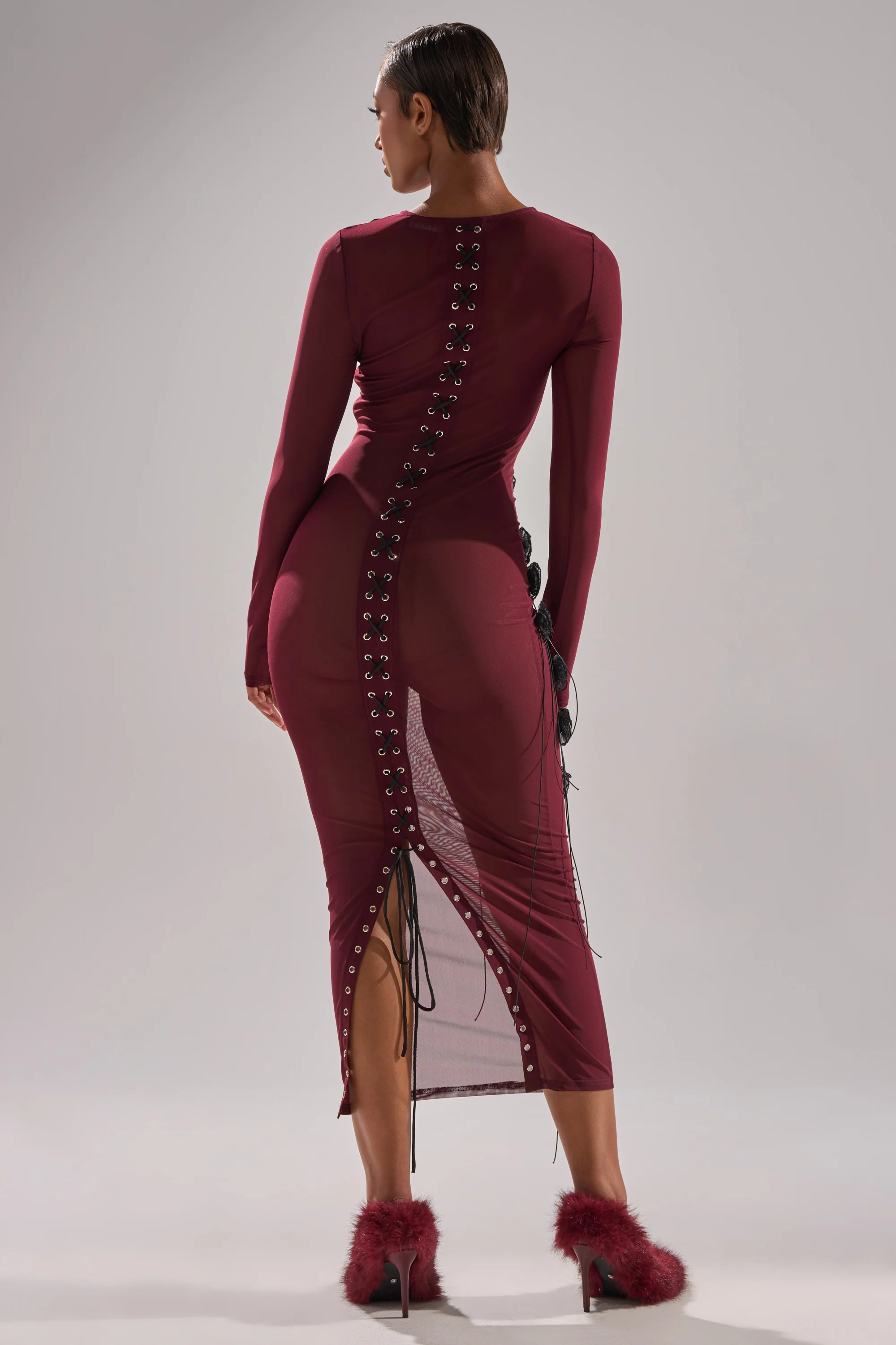 OBVIOUSLY MESH MIDI DRESS IN BURGUNDY - Image 5