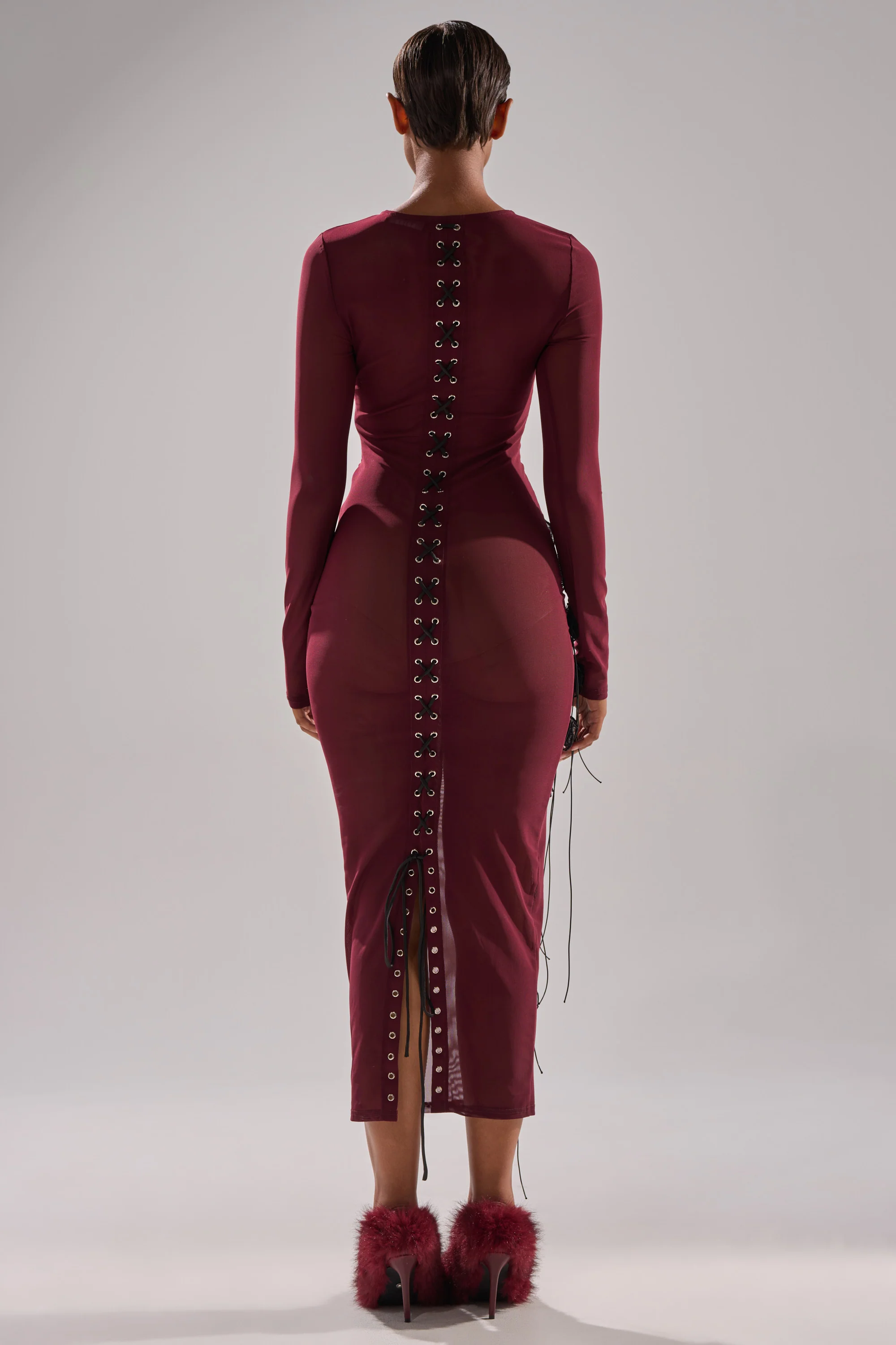OBVIOUSLY MESH MIDI DRESS IN BURGUNDY - Image 6
