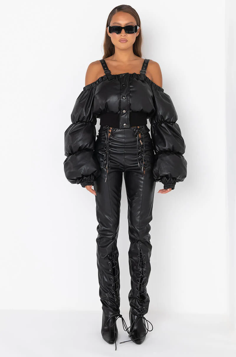 OFF SHOULDER PUFFER PU JACKET - Image 10