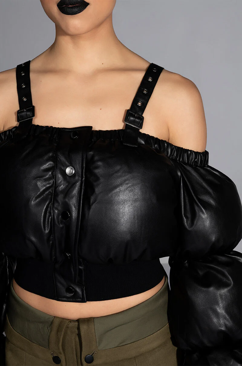 OFF SHOULDER PUFFER PU JACKET - Image 6