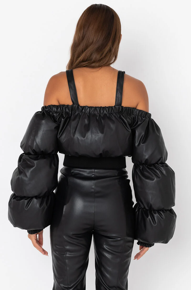 OFF SHOULDER PUFFER PU JACKET - Image 7