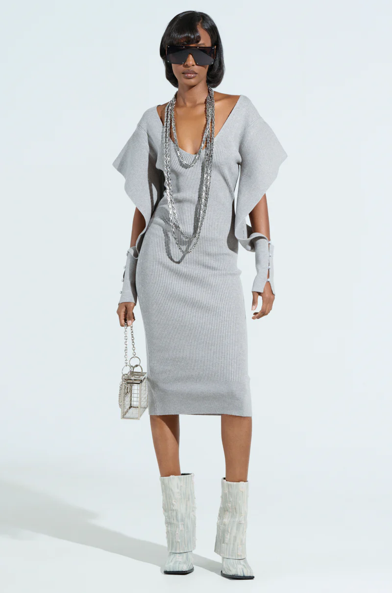 OFF TO BRUNCH KNIT MIDI DRESS IN HEATHER GREY - Image 4