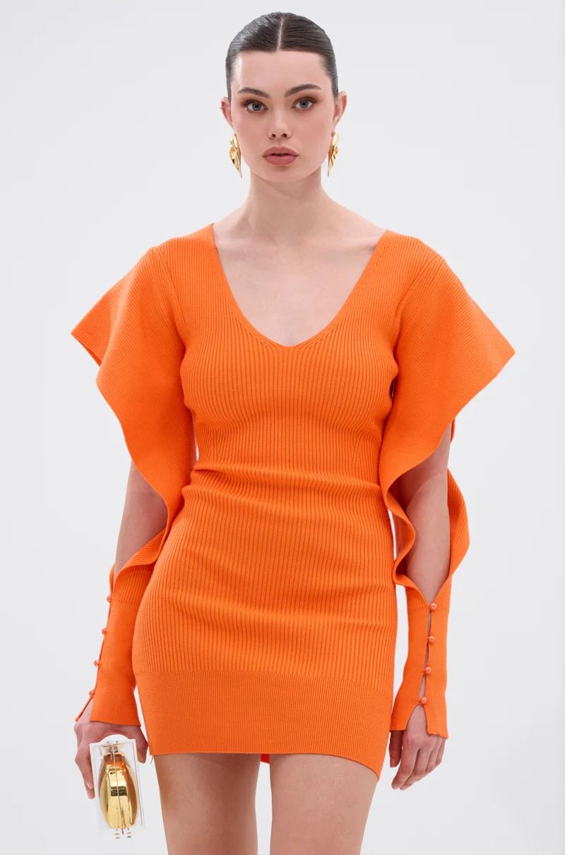 OFF TO BRUNCH KNIT MINI DRESS IN ORANGE - Image 2