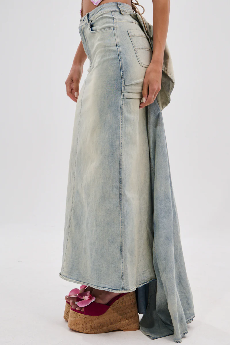 OH THE DRAMA BACK BOW DENIM MAXI SKIRT WITH TRAIN - Image 4