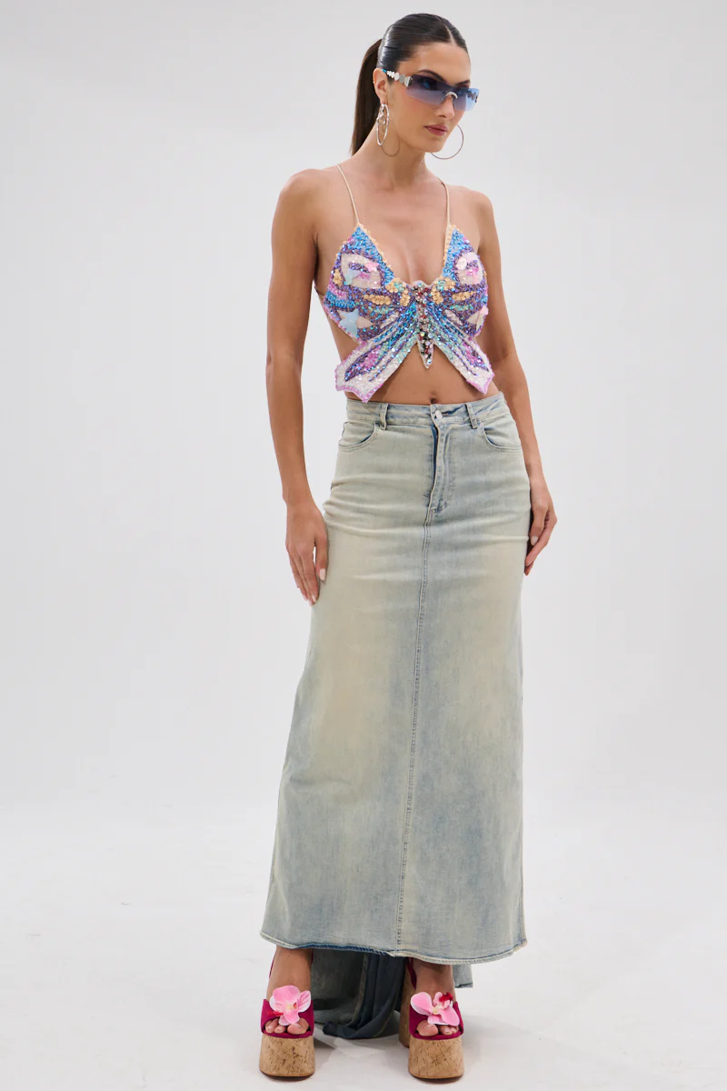 OH THE DRAMA BACK BOW DENIM MAXI SKIRT WITH TRAIN - Image 6