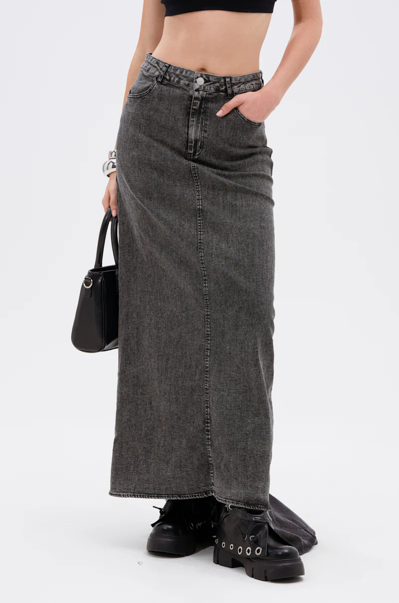 OH THE DRAMA DENIM MAXI SKIRT WITH TRAIN IN GREY - Image 2