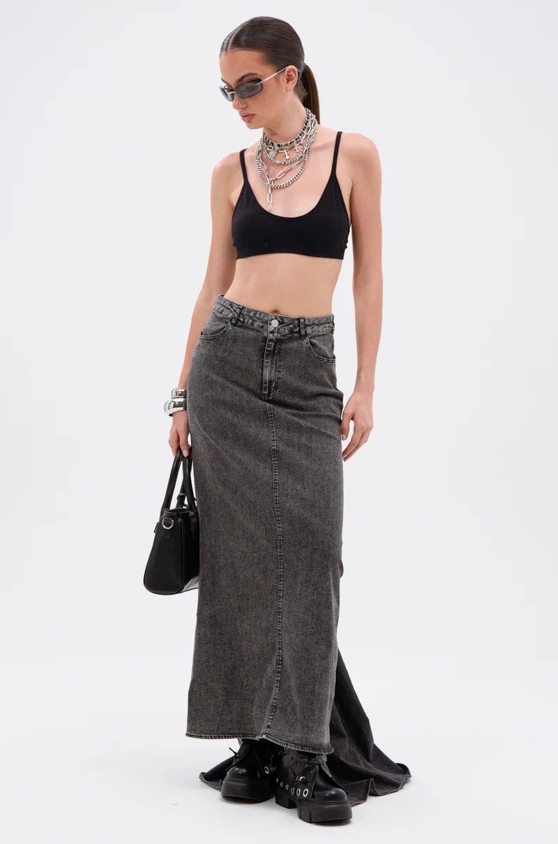 OH THE DRAMA DENIM MAXI SKIRT WITH TRAIN IN GREY - Image 3