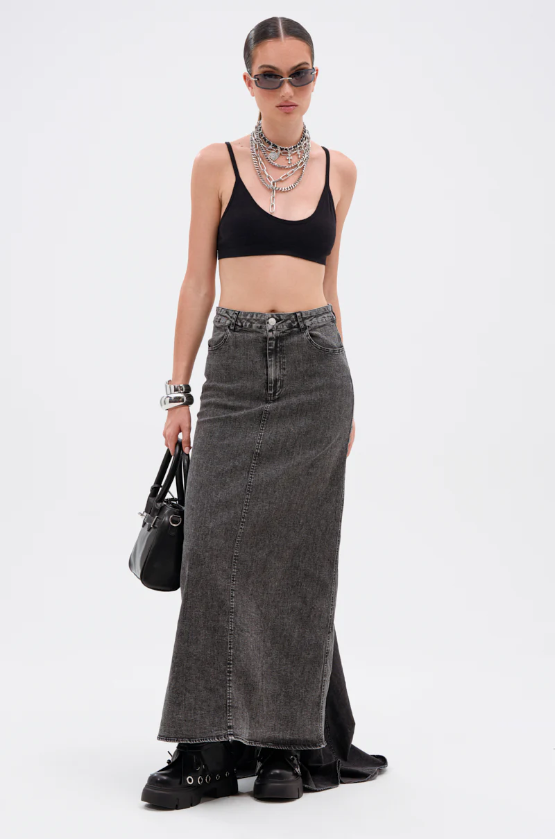 OH THE DRAMA DENIM MAXI SKIRT WITH TRAIN IN GREY - Image 6