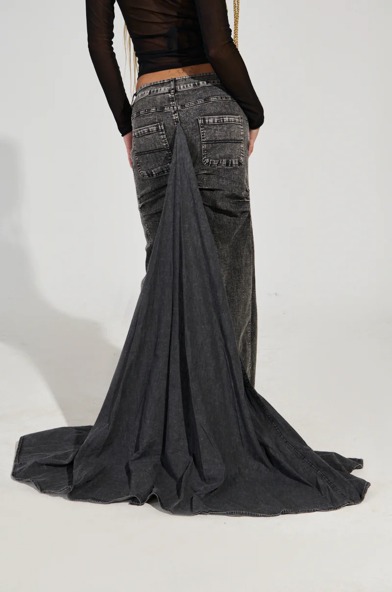 OH THE DRAMA DENIM MAXI SKIRT WITH TRAIN IN GREY - Image 7