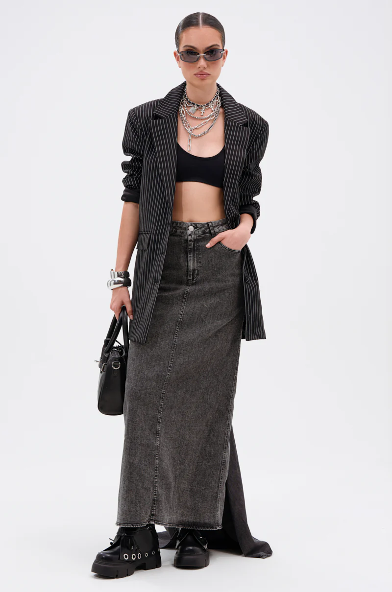 OH THE DRAMA DENIM MAXI SKIRT WITH TRAIN IN GREY - Image 8