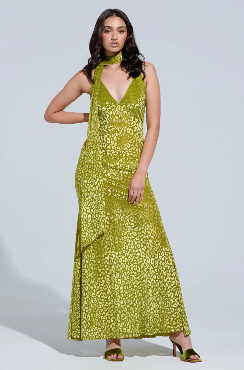 ON HOLIDAY LEOPARD PRINT VELVET MAXI DRESS WITH SCARF - Image 2