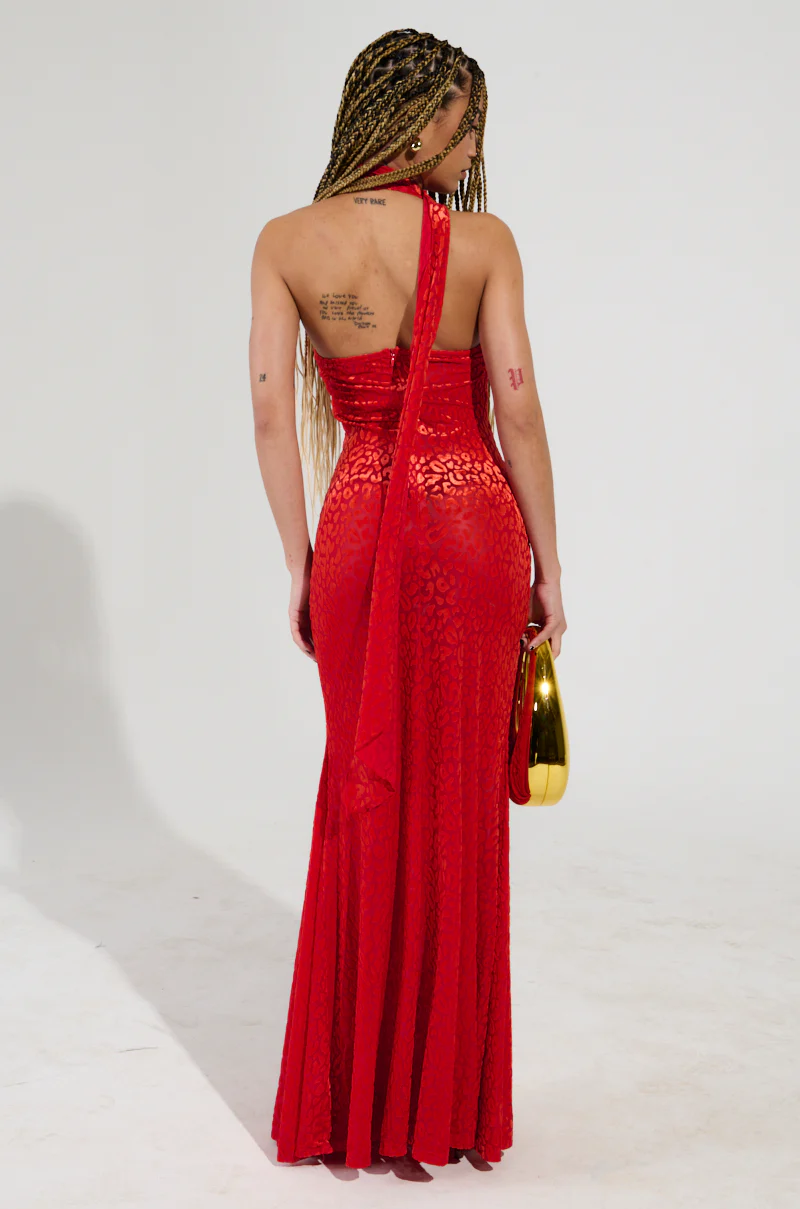 ON HOLIDAY LEOPARD PRINT VELVET MAXI DRESS WITH SCARF IN RED - Image 6
