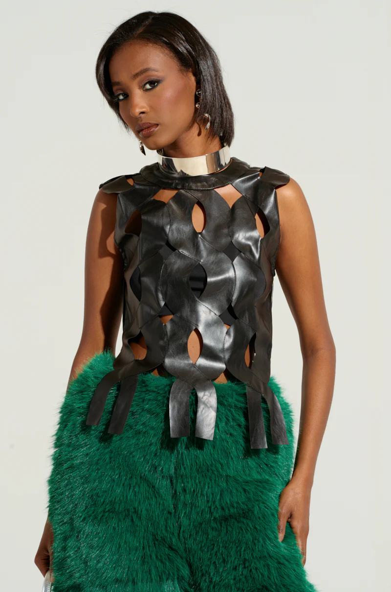 ON MY OWN WAVE CUT OUT FAUX LEATHER TOP IN PU