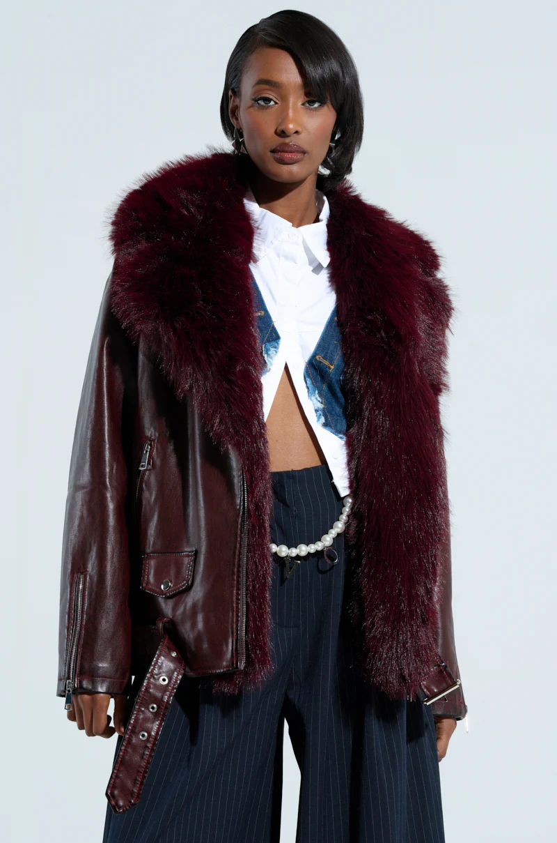 ON THE GO FUR TRIM MOTO IN BURGUNDY - Image 2