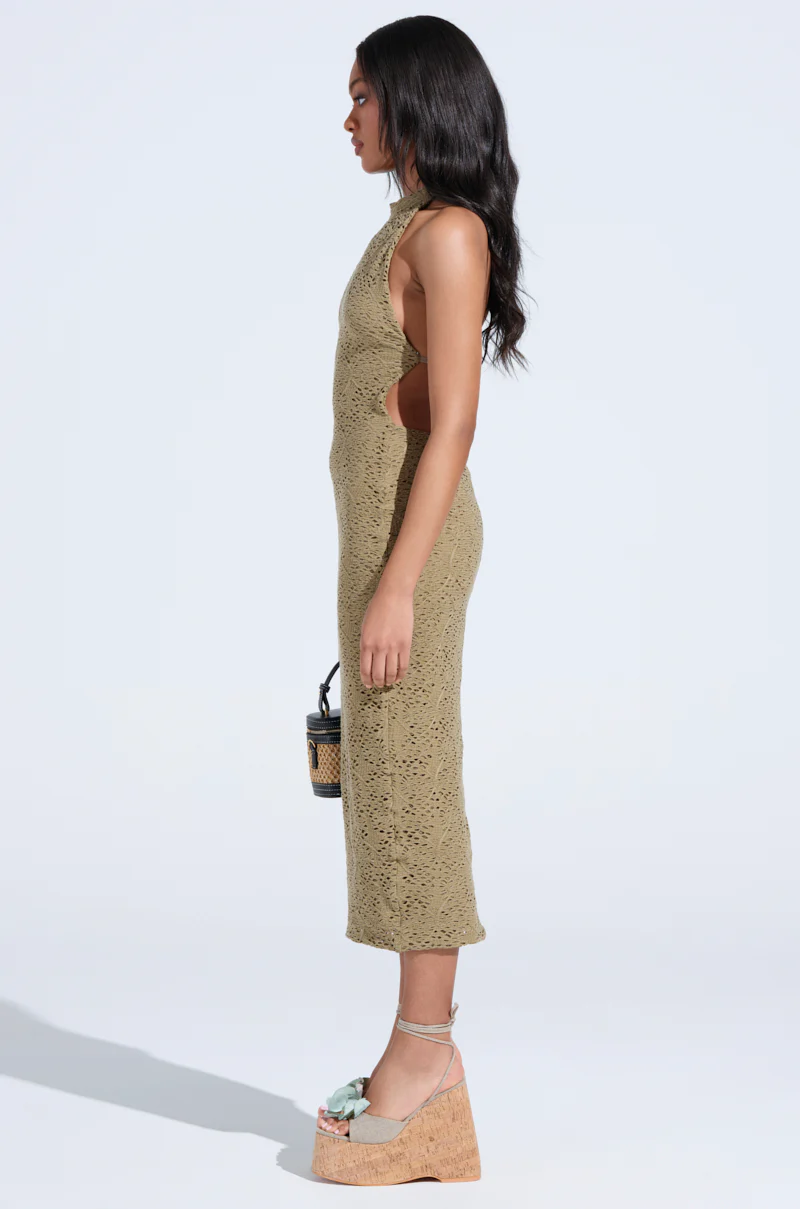ON THE MOVE BODYCON MIDI DRESS IN OLIVE - Image 3