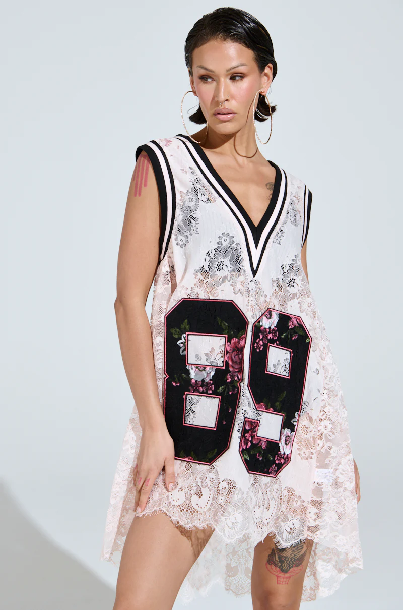 ON THE SIDELINES LACE JERSEY MINI DRESS IN PINK - Image 2