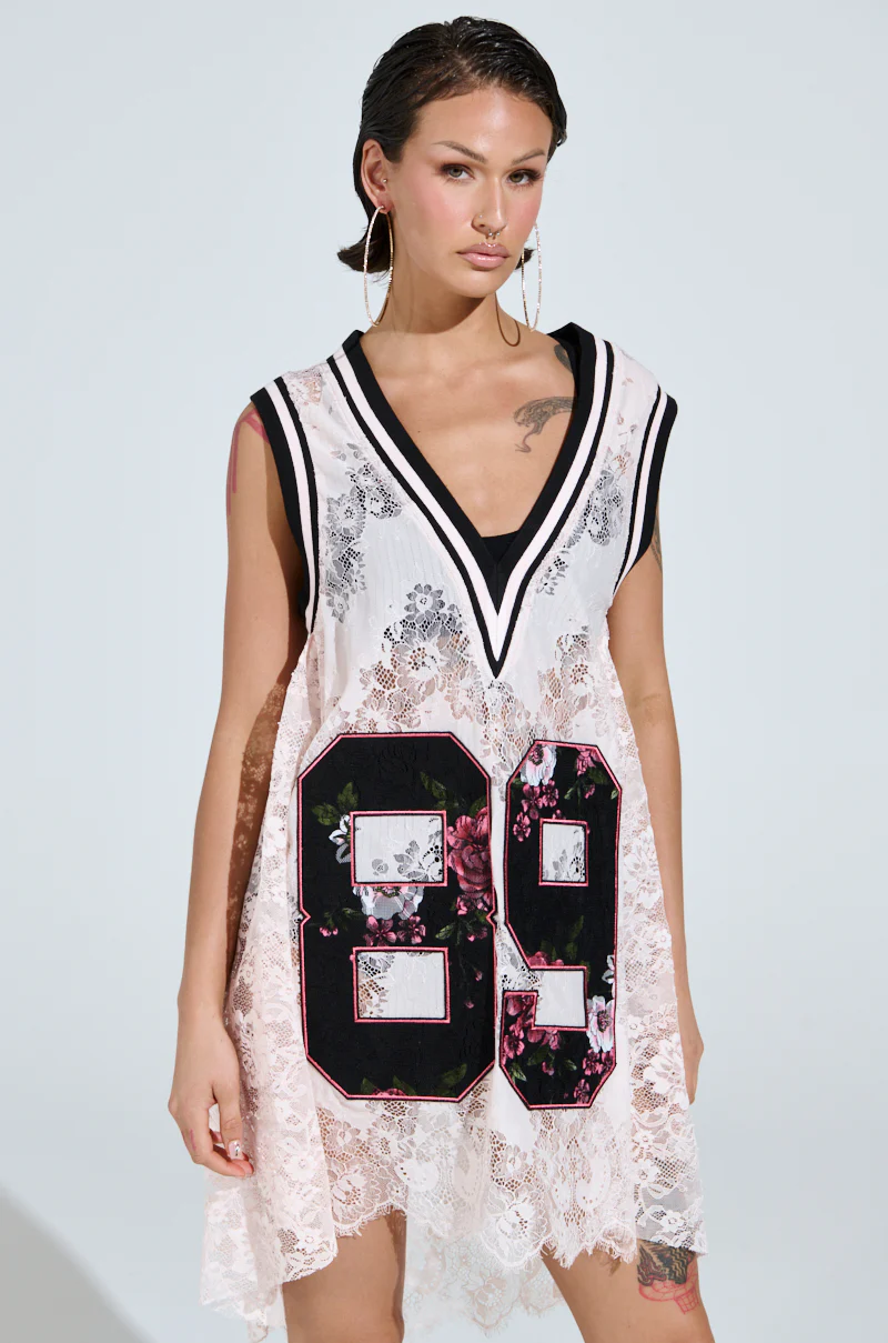 ON THE SIDELINES LACE JERSEY MINI DRESS IN PINK - Image 3