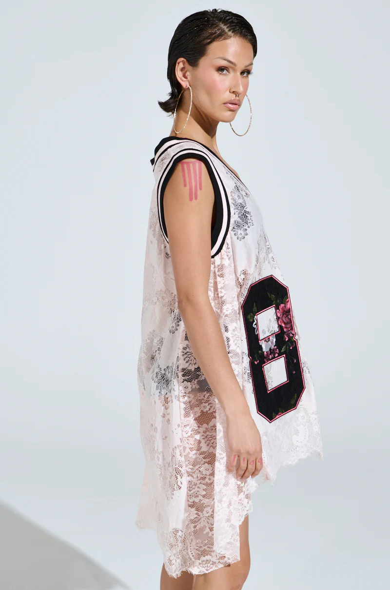 ON THE SIDELINES LACE JERSEY MINI DRESS IN PINK - Image 4