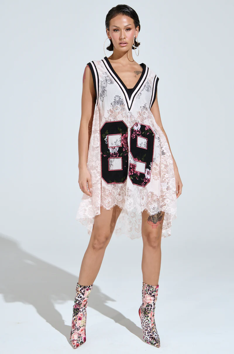 ON THE SIDELINES LACE JERSEY MINI DRESS IN PINK - Image 7
