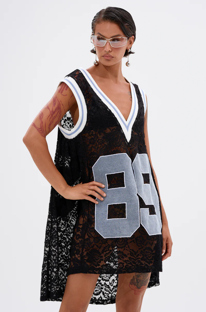 ON THE SIDELINES LACE JERSEY MINI DRESS WITH DENIM