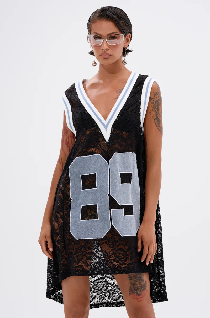 ON THE SIDELINES LACE JERSEY MINI DRESS WITH DENIM - Image 2
