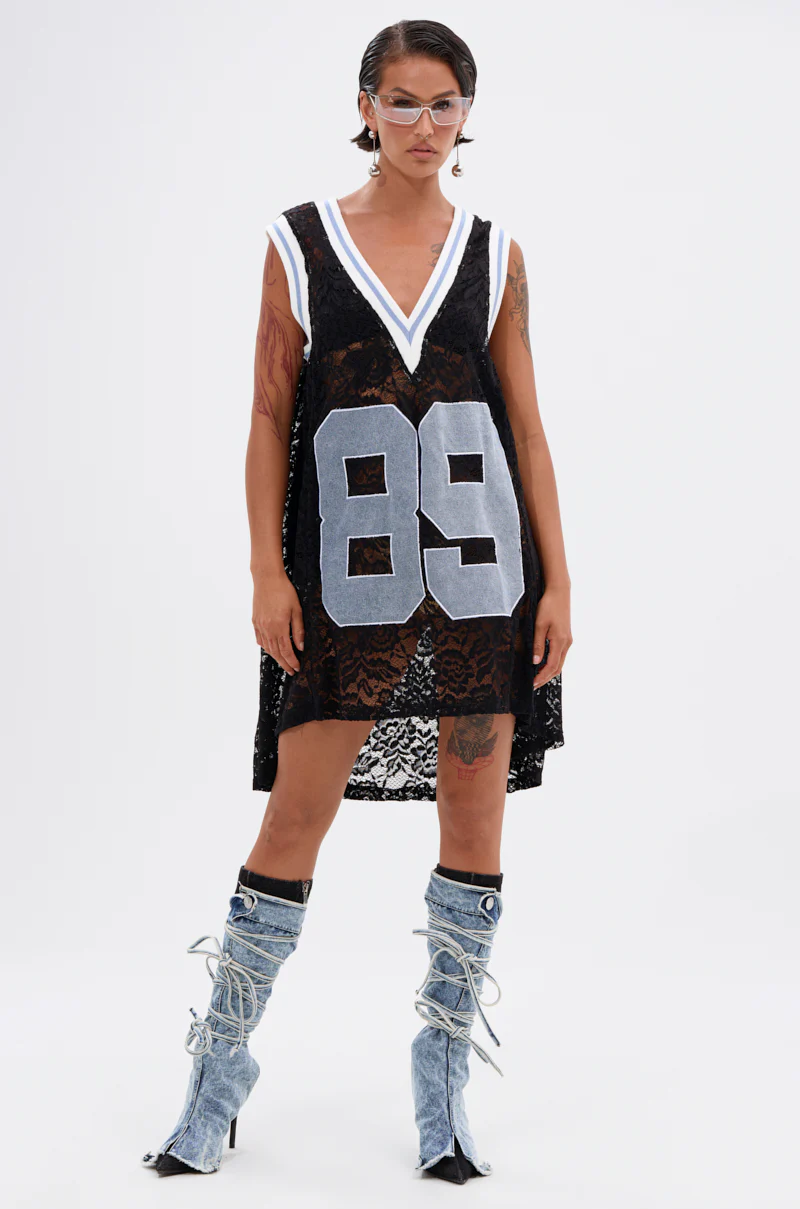 ON THE SIDELINES LACE JERSEY MINI DRESS WITH DENIM - Image 8