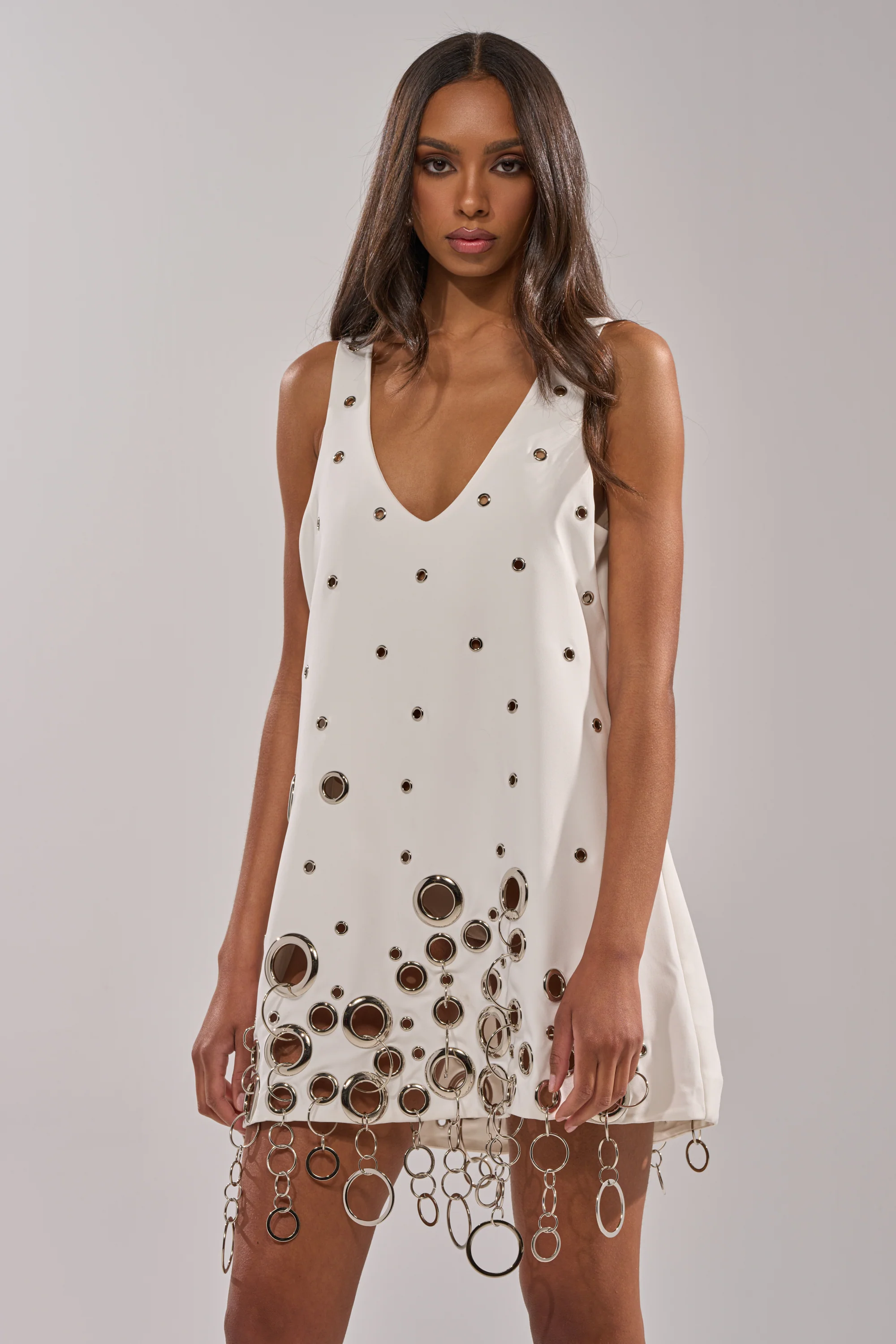 ONE OF A KIND MINI DRESS WITH METAL HARDWARE IN WHITE - Image 2