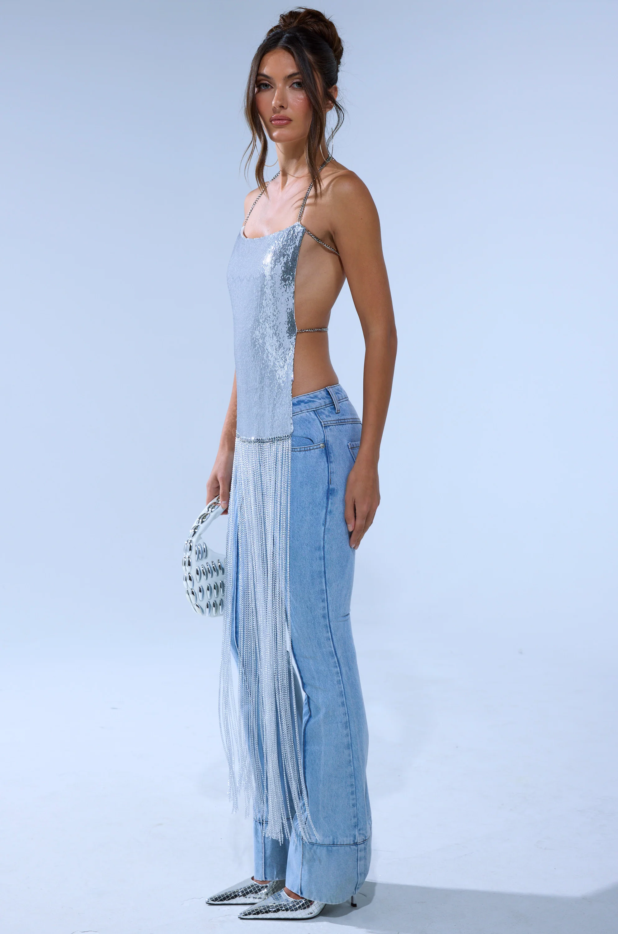 ONLY THINK ABOUT YOU SILVER RHINESTONE FRINGE TOP - Image 4