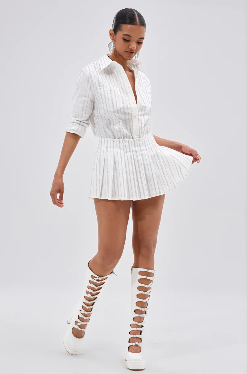 ONTO THE NEXT EMBELLISHED PLEATED MINI SKIRT IN WHITE - Image 6