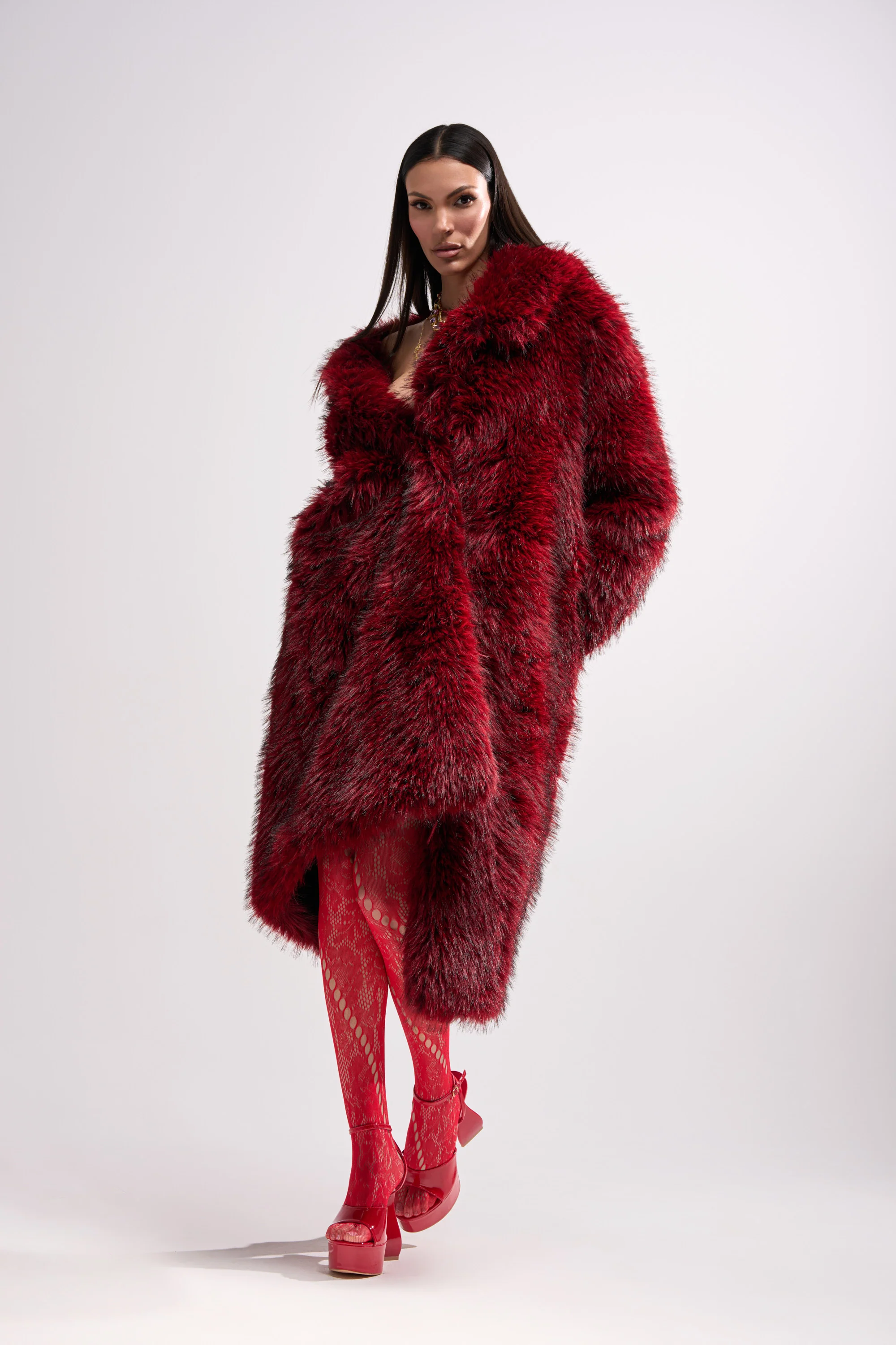 OSLO FAUX FUR COAT IN RED MULTI - Image 4